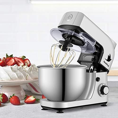 네슬레 Nestling Food Processor 800 W Kneading Machine Mixing Machine with 5 L Stainless Steel Mixing Bowl, 6 Speeds Low Noise Dough Kneading Machine, Bat, Dough Hook & Whisk Silver