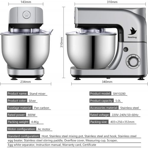 네슬레 Nestling Food Processor 800 W Kneading Machine Mixing Machine with 5 L Stainless Steel Mixing Bowl, 6 Speeds Low Noise Dough Kneading Machine, Bat, Dough Hook & Whisk Silver