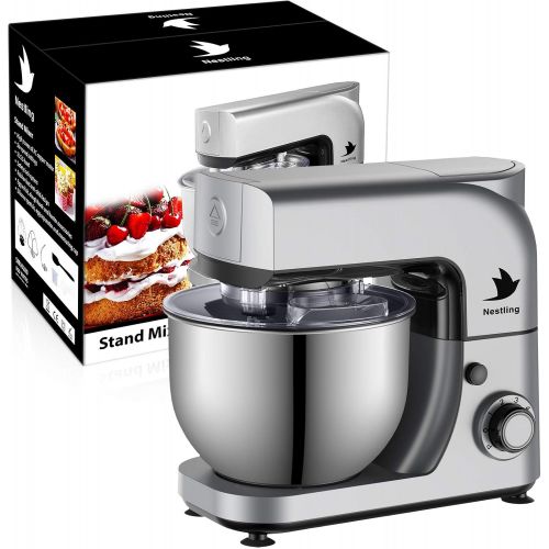 네슬레 Nestling Food Processor 800 W Kneading Machine Mixing Machine with 5 L Stainless Steel Mixing Bowl, 6 Speeds Low Noise Dough Kneading Machine, Bat, Dough Hook & Whisk Silver