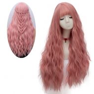 Netgo netgo Womens Pink Wig Long Fluffy Curly Wavy Hair Wigs for Girl Heat Friendly Synthetic Cosplay Party Wigs
