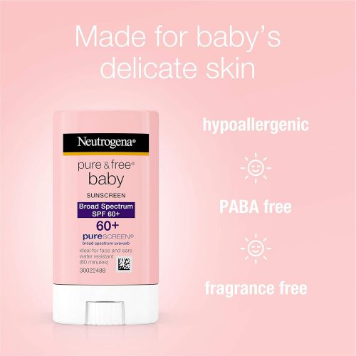  [아마존베스트]Neutrogena Pure & Free Baby Mineral Sunscreen Stick with Broad Spectrum SPF 60 & Zinc Oxide, Water-Resistant, Hypoallergenic, Oil- & PABA-Free Baby Sunscreen, 0.47 oz