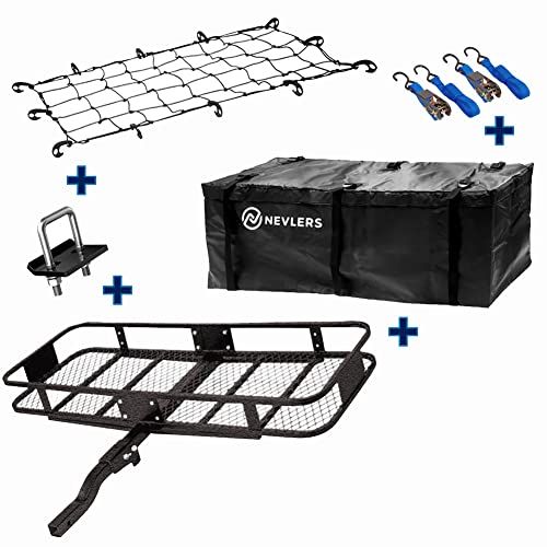  Nevlers Folding Hitch Mount Cargo Carrier with Net, Cargo Storage Bag, 2 Blue Ratchet Straps and Bonus Hitch stabilizer - Waterproof - 500 lb Weight Limit