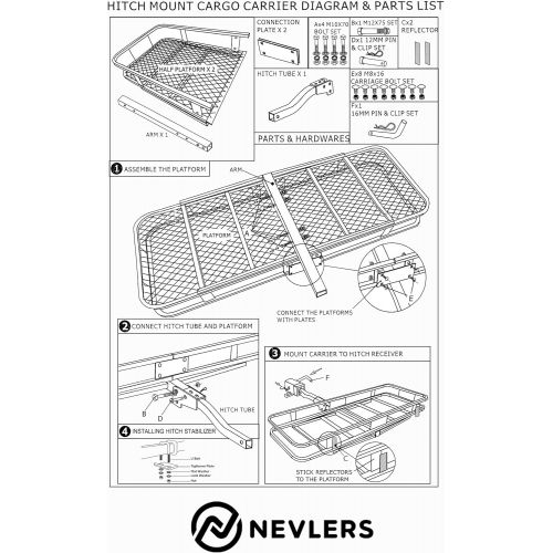  Nevlers Folding Hitch Mount Cargo Carrier with Net, Cargo Storage Bag, 2 Blue Ratchet Straps and Bonus Hitch stabilizer - Waterproof - 500 lb Weight Limit