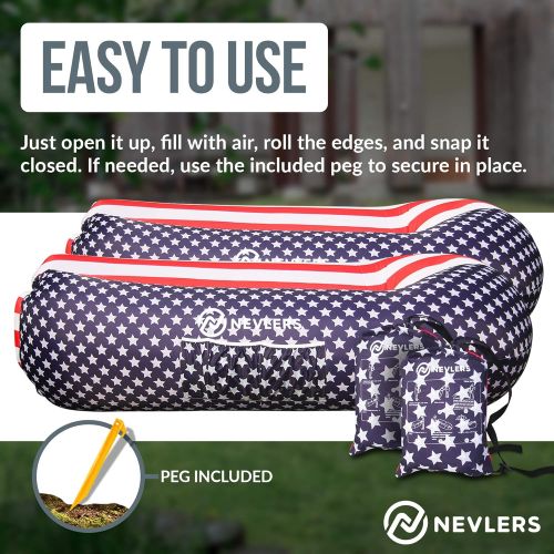  Nevlers 2 Pack Inflatable Loungers with Side Pockets & Matching Bag - American Flag - Waterproof and Portable Lounger - Easy to Take to The Beach, Park, Pool, and as Camping Access