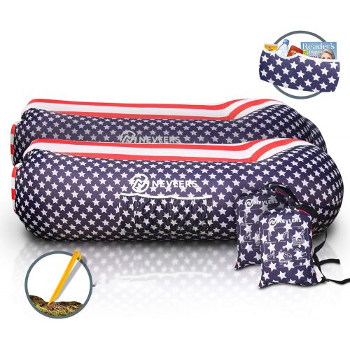  Nevlers 2 Pack Inflatable Loungers with Side Pockets & Matching Bag - American Flag - Waterproof and Portable Lounger - Easy to Take to The Beach, Park, Pool, and as Camping Access