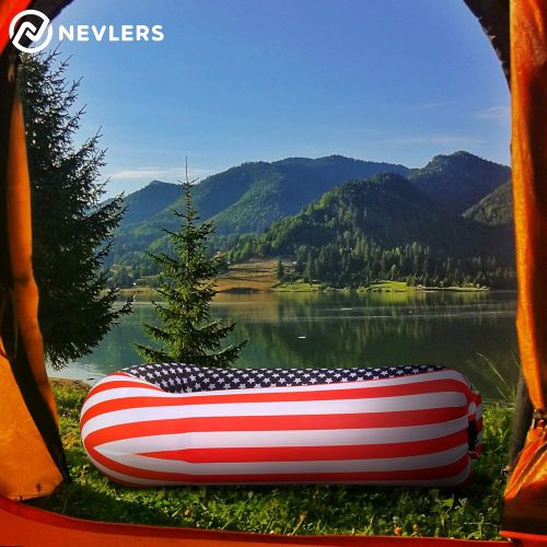  Nevlers 2 Pack Inflatable Loungers with Side Pockets & Matching Bag - American Flag - Waterproof and Portable Lounger - Easy to Take to The Beach, Park, Pool, and as Camping Access