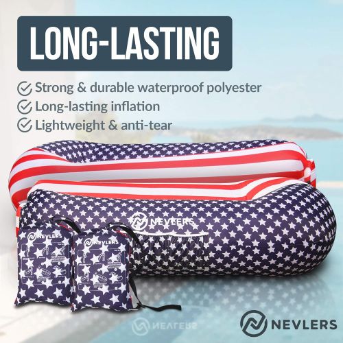  Nevlers 2 Pack Inflatable Loungers with Side Pockets & Matching Bag - American Flag - Waterproof and Portable Lounger - Easy to Take to The Beach, Park, Pool, and as Camping Access