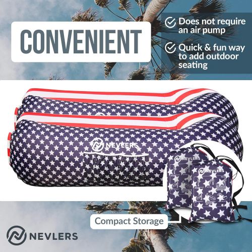  Nevlers 2 Pack Inflatable Loungers with Side Pockets & Matching Bag - American Flag - Waterproof and Portable Lounger - Easy to Take to The Beach, Park, Pool, and as Camping Access