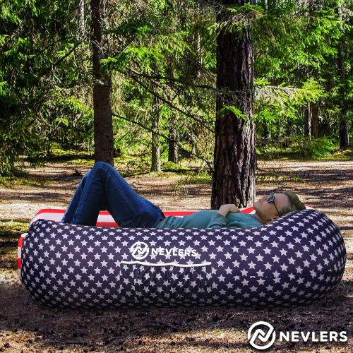  Nevlers 2 Pack Inflatable Loungers with Side Pockets & Matching Bag - American Flag - Waterproof and Portable Lounger - Easy to Take to The Beach, Park, Pool, and as Camping Access