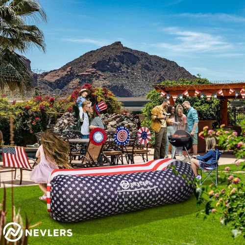  Nevlers 2 Pack Inflatable Loungers with Side Pockets & Matching Bag - American Flag - Waterproof and Portable Lounger - Easy to Take to The Beach, Park, Pool, and as Camping Access