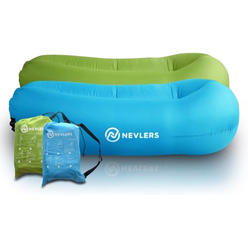  Nevlers 2 Pack Inflatable Loungers with Side Pockets and Matching Travel Bag - Blue & Green - Waterproof and Portable - Easy to Take to The Beach, Park, Pool, and as Camping Access