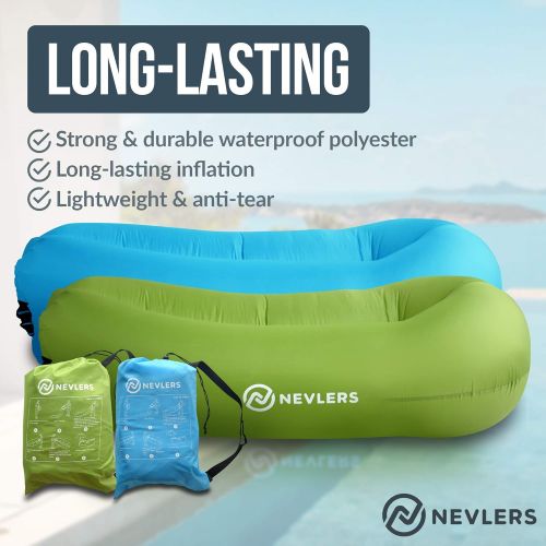  Nevlers 2 Pack Inflatable Loungers with Side Pockets and Matching Travel Bag - Blue & Green - Waterproof and Portable - Easy to Take to The Beach, Park, Pool, and as Camping Access