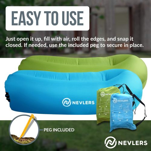  Nevlers 2 Pack Inflatable Loungers with Side Pockets and Matching Travel Bag - Blue & Green - Waterproof and Portable - Easy to Take to The Beach, Park, Pool, and as Camping Access