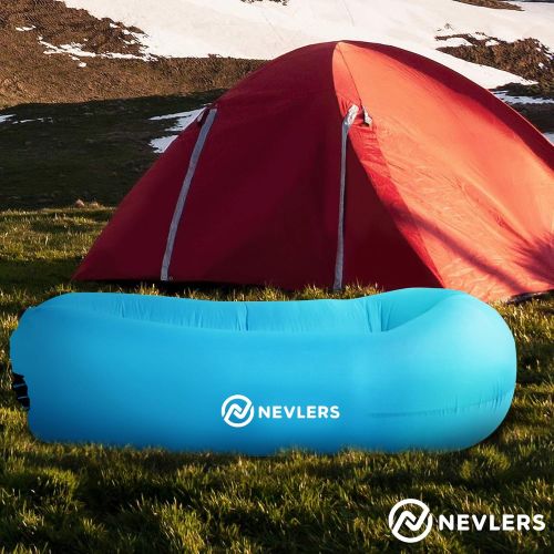  Nevlers 2 Pack Inflatable Loungers with Side Pockets and Matching Travel Bag - Blue & Green - Waterproof and Portable - Easy to Take to The Beach, Park, Pool, and as Camping Access