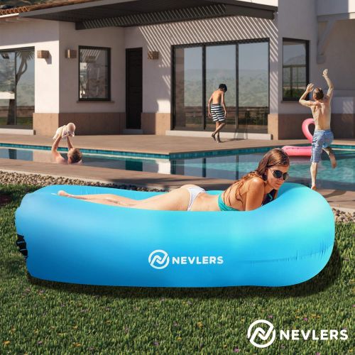  Nevlers 2 Pack Inflatable Loungers with Side Pockets and Matching Travel Bag - Blue & Green - Waterproof and Portable - Easy to Take to The Beach, Park, Pool, and as Camping Access