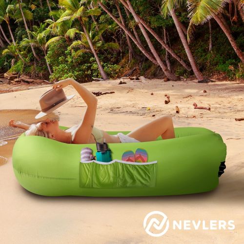  Nevlers 2 Pack Inflatable Loungers with Side Pockets and Matching Travel Bag - Blue & Green - Waterproof and Portable - Easy to Take to The Beach, Park, Pool, and as Camping Access