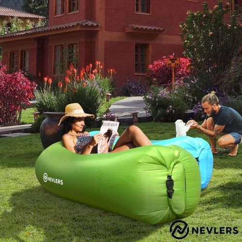  Nevlers 2 Pack Inflatable Loungers with Side Pockets and Matching Travel Bag - Blue & Green - Waterproof and Portable - Easy to Take to The Beach, Park, Pool, and as Camping Access