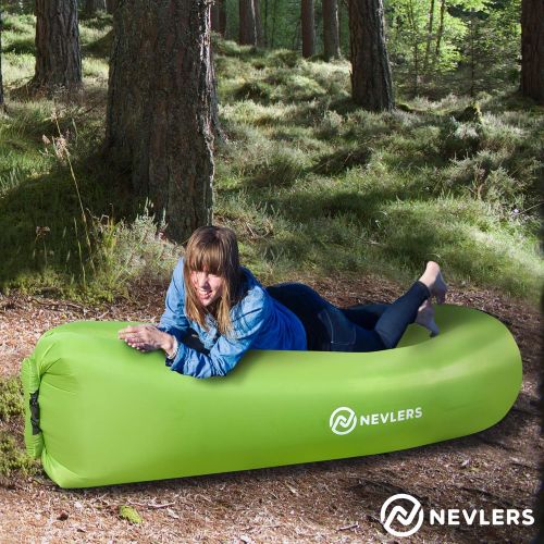  Nevlers 2 Pack Inflatable Loungers with Side Pockets and Matching Travel Bag - Blue & Green - Waterproof and Portable - Easy to Take to The Beach, Park, Pool, and as Camping Access