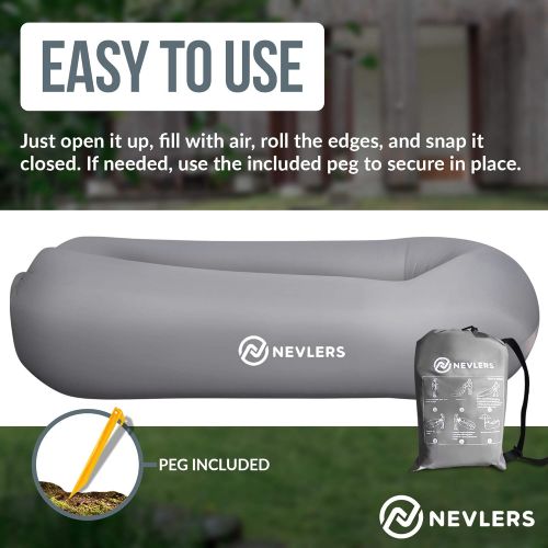  Nevlers Inflatable Lounger with Side Pockets and Matching Travel Bag - Gray - Waterproof and Portable - Great and Easy to Take to The Beach, Park, Pool, and as Camping Accessories