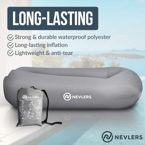  Nevlers Inflatable Lounger with Side Pockets and Matching Travel Bag - Gray - Waterproof and Portable - Great and Easy to Take to The Beach, Park, Pool, and as Camping Accessories