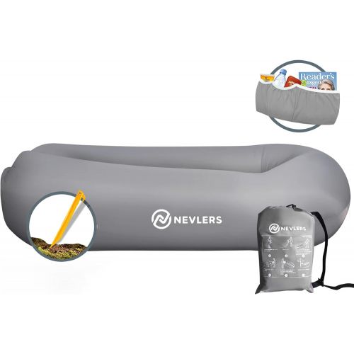  Nevlers Inflatable Lounger with Side Pockets and Matching Travel Bag - Gray - Waterproof and Portable - Great and Easy to Take to The Beach, Park, Pool, and as Camping Accessories