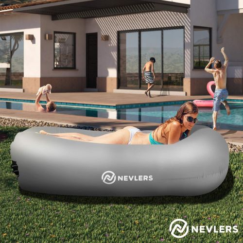  Nevlers Inflatable Lounger with Side Pockets and Matching Travel Bag - Gray - Waterproof and Portable - Great and Easy to Take to The Beach, Park, Pool, and as Camping Accessories