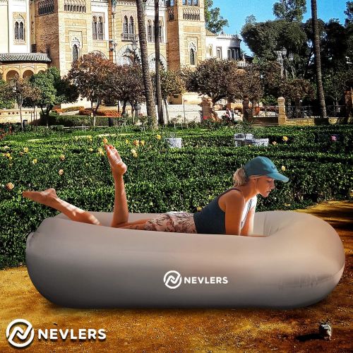  Nevlers Inflatable Lounger with Side Pockets and Matching Travel Bag - Gray - Waterproof and Portable - Great and Easy to Take to The Beach, Park, Pool, and as Camping Accessories