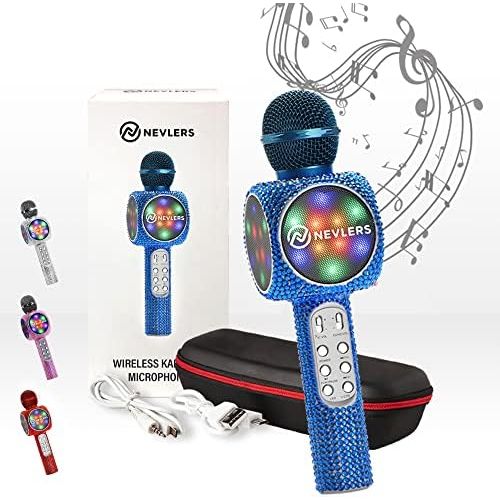  [아마존베스트]NEVLERS Karaoke Microphone with Wireless Bluetooth Speaker, Voice Changer and Colorful LED Lights, Easy to Use Portable Karaoke Machine for Kids and Adults - Blue Bling