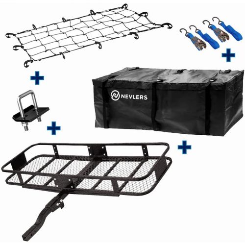  Nevlers Folding Hitch Mount Cargo Carrier with Net, Cargo Storage Bag, 2 Blue Ratchet Straps and Bonus Hitch stabilizer - Waterproof - 500 lb Weight Limit