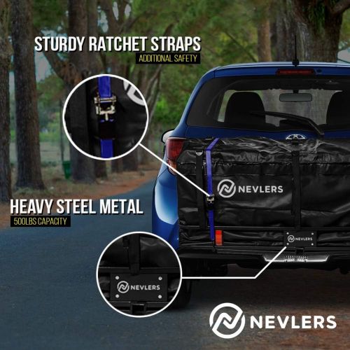  Nevlers Folding Hitch Mount Cargo Carrier with Net, Cargo Storage Bag, 2 Blue Ratchet Straps and Bonus Hitch stabilizer - Waterproof - 500 lb Weight Limit