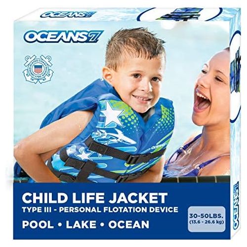  [아마존베스트]New & Improved Oceans7 US Coast Guard Approved, Child Life Jacket, Flex-Form Chest, Open-Sided Design, Type III Vest, PFD, Personal Flotation Device, Blue/White