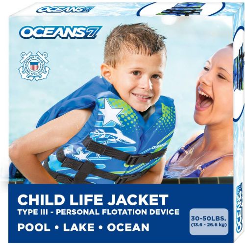 [아마존베스트]New & Improved Oceans7 US Coast Guard Approved, Child Life Jacket, Flex-Form Chest, Open-Sided Design, Type III Vest, PFD, Personal Flotation Device, Blue/White