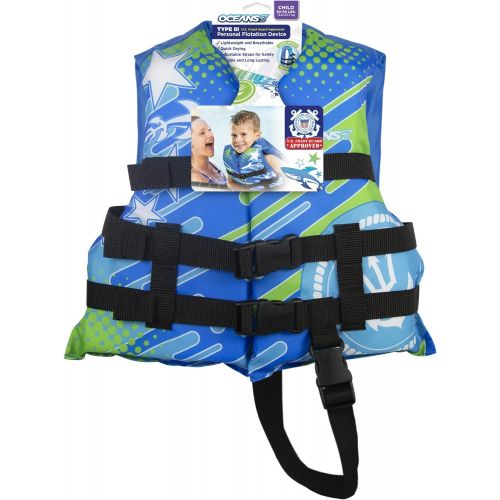  [아마존베스트]New & Improved Oceans7 US Coast Guard Approved, Child Life Jacket, Flex-Form Chest, Open-Sided Design, Type III Vest, PFD, Personal Flotation Device, Blue/White