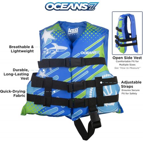  [아마존베스트]New & Improved Oceans7 US Coast Guard Approved, Child Life Jacket, Flex-Form Chest, Open-Sided Design, Type III Vest, PFD, Personal Flotation Device, Blue/White