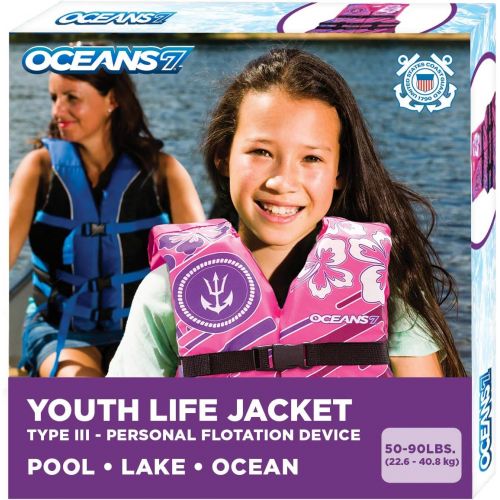  [아마존베스트]New & Improved Oceans7 US Coast Guard Approved, Youth Life Jacket, Flex-Form Chest, Open-Sided Design, Type III Vest, PFD, Personal Flotation Device, Pink/Berry