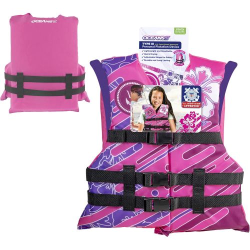  [아마존베스트]New & Improved Oceans7 US Coast Guard Approved, Youth Life Jacket, Flex-Form Chest, Open-Sided Design, Type III Vest, PFD, Personal Flotation Device, Pink/Berry