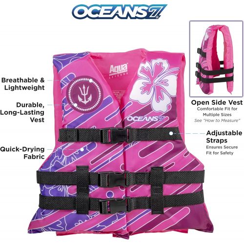  [아마존베스트]New & Improved Oceans7 US Coast Guard Approved, Youth Life Jacket, Flex-Form Chest, Open-Sided Design, Type III Vest, PFD, Personal Flotation Device, Pink/Berry