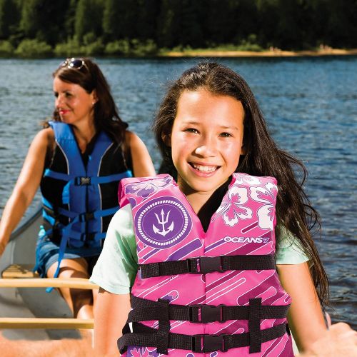  [아마존베스트]New & Improved Oceans7 US Coast Guard Approved, Youth Life Jacket, Flex-Form Chest, Open-Sided Design, Type III Vest, PFD, Personal Flotation Device, Pink/Berry