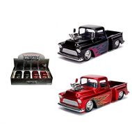 New DIECAST Toys CAR JADA 1:24 Display - Metals - JUST Trucks - 1955 Chevrolet STEPSIDE Pickup with Show Engine/Blower (RED/Grey Flames, Black/Pink Flames) Set of 2 30980-DP1