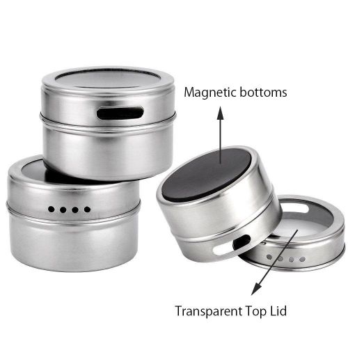  New Edify Magnetic Spice Tin Jars - Clear Lid Stainless Steel Spice Sauce Storage Container Jars Kitchen Condiment Holder Houseware - 12pcs/Set