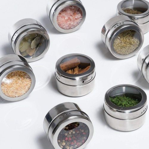  New Edify Magnetic Spice Tin Jars - Clear Lid Stainless Steel Spice Sauce Storage Container Jars Kitchen Condiment Holder Houseware - 12pcs/Set
