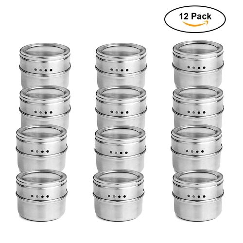  New Edify Magnetic Spice Tin Jars - Clear Lid Stainless Steel Spice Sauce Storage Container Jars Kitchen Condiment Holder Houseware - 12pcs/Set