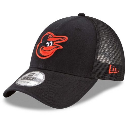  Men's Baltimore Orioles New Era Black Trucker 9FORTY Adjustable Snapback Hat