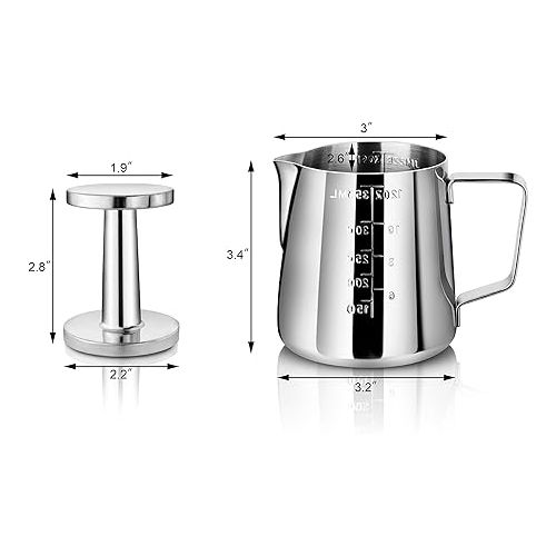  New Star Foodservice 28829 Commercial Grade Stainless Steel 18/8 12 oz Frothing Pitcher and Die Cast Aluminum Tamper Combo Set, Silver