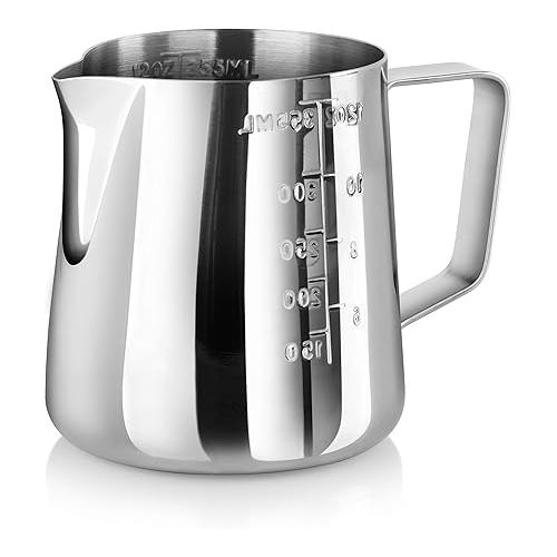  New Star Foodservice 28829 Commercial Grade Stainless Steel 18/8 12 oz Frothing Pitcher and Die Cast Aluminum Tamper Combo Set, Silver