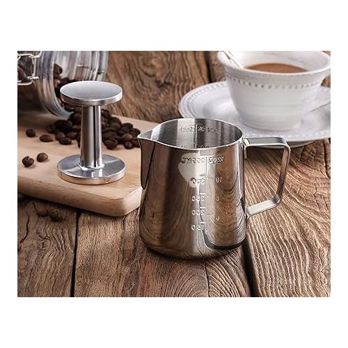  New Star Foodservice 28829 Commercial Grade Stainless Steel 18/8 12 oz Frothing Pitcher and Die Cast Aluminum Tamper Combo Set, Silver