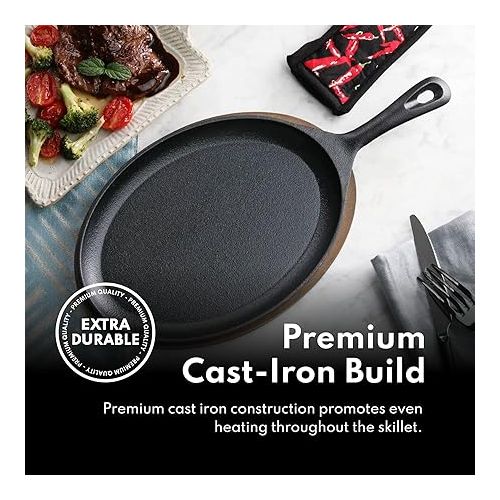 New Star Foodservice 1028614 Commerical Grade Cast Iron Fajita Set, Sizzling Skillet, Japanese Steak Plate