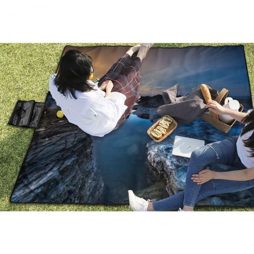  New Wanli Picnic Blanket Rocky Shore Sunset Sandproof and Waterproof Picnic Mat Folding Portable Tote Camping Mat for Beach Camping Hiking Grass Travelling 57 * 59in