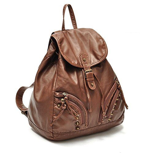  New Wayzon Brown Soft PU Leather Women Backpack with Zipper Rivet Decoration PU Schoolbag Travelling Bag for Girls