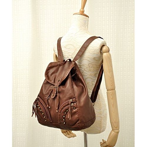  New Wayzon Brown Soft PU Leather Women Backpack with Zipper Rivet Decoration PU Schoolbag Travelling Bag for Girls